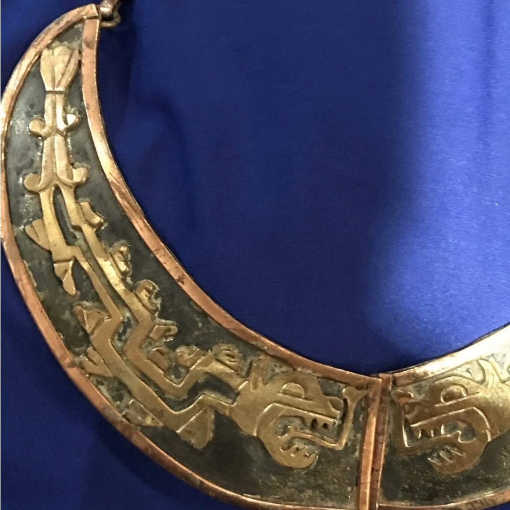 Vintage Aztec Copper Brass Choker Necklace Rare Mexico Tribal Boho Statement Art - Picture 5 of 14